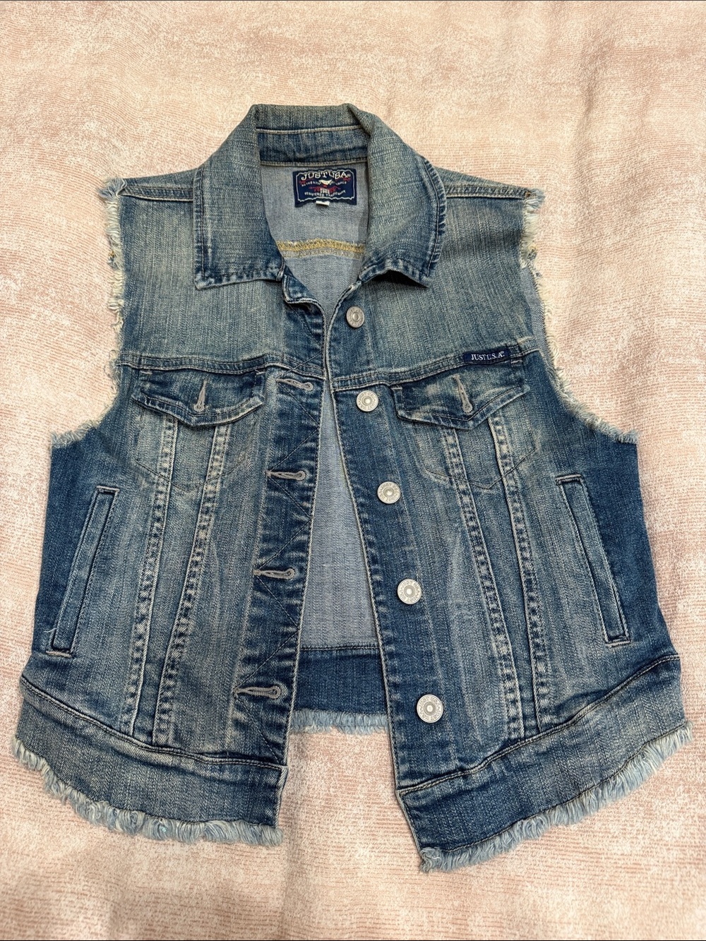 Just USA Faded Blue Denim Frayed Sleeve Vest
